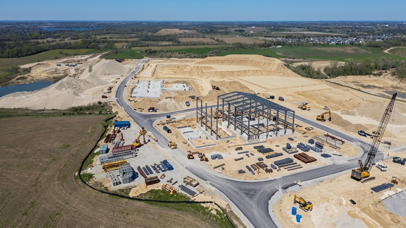 Aerial view of a construction site with poured foundations and a steel building frame