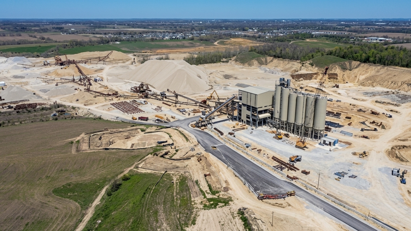 Aerial view of a construction site with silos, processing tower and new paved road