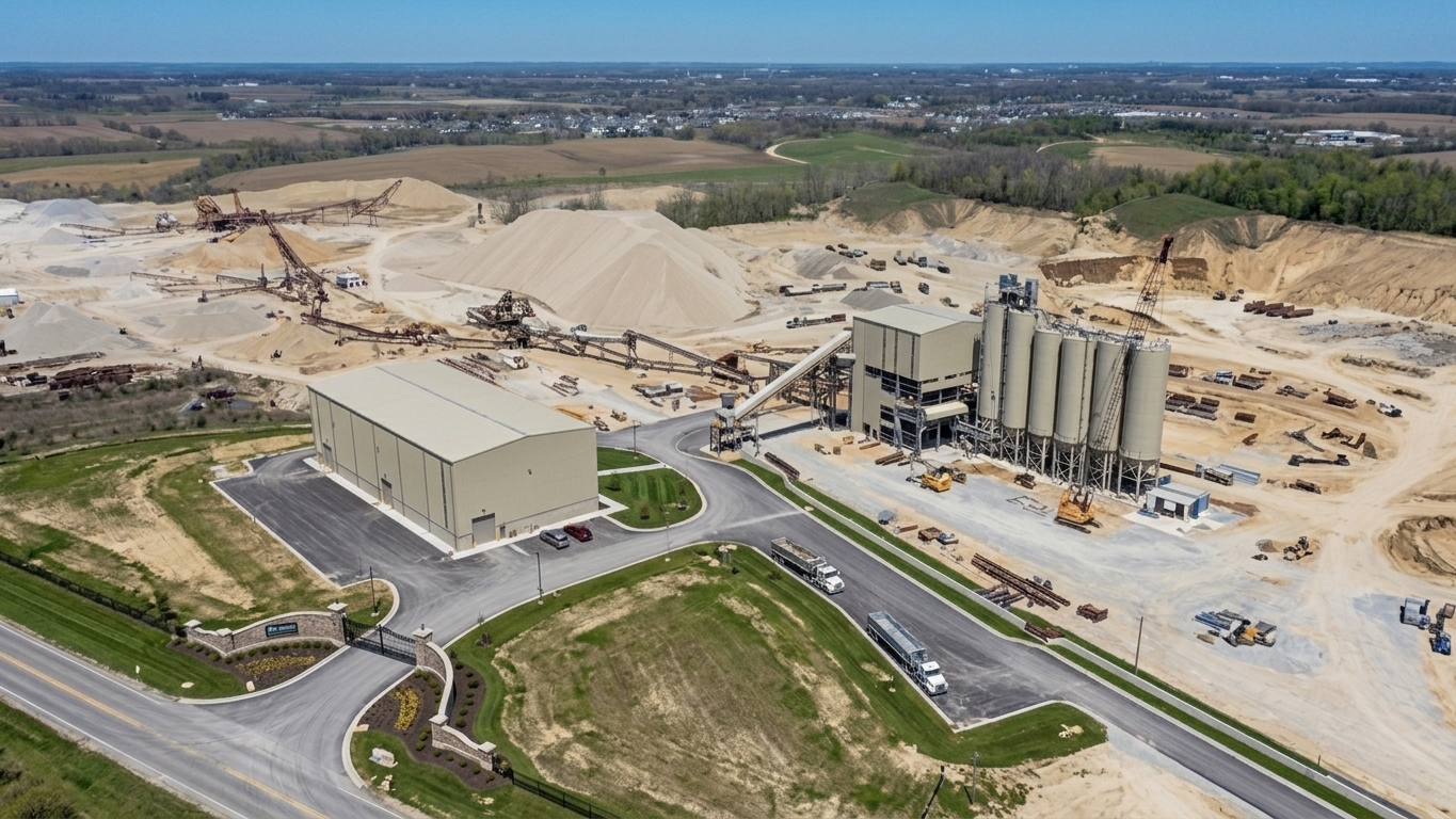Aerial view of a completed industrial site with finished warehouse and landscaped entrance
