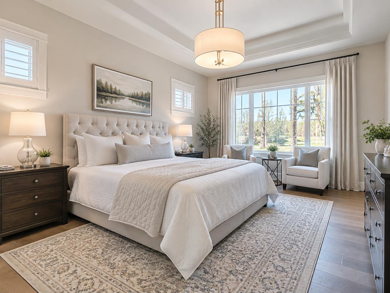Staged bedroom with neutral bedding and large window