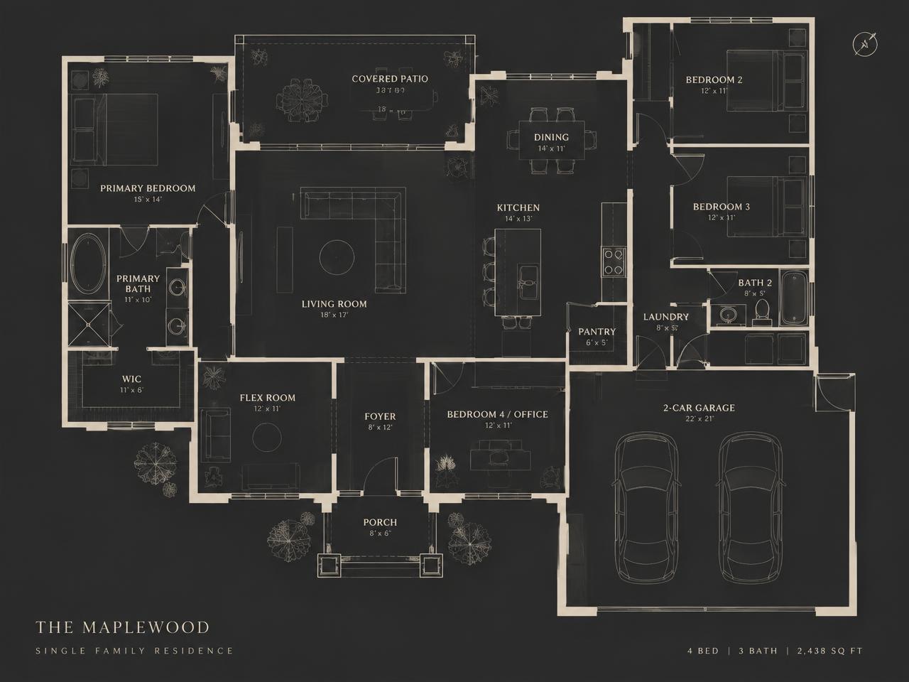 Black and white floorplan drawing of a three bedroom single family home